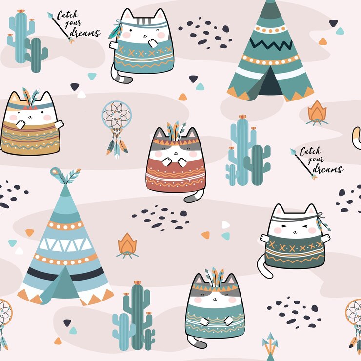 Vector patrón sin costuras con gatos boho tribales personajes lindos dibujados a mano animales de dibujos animados fondo vecto