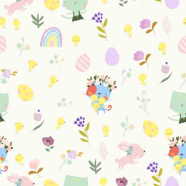 Patrón sin costuras con gatos divertidos y elementos de Pascua
