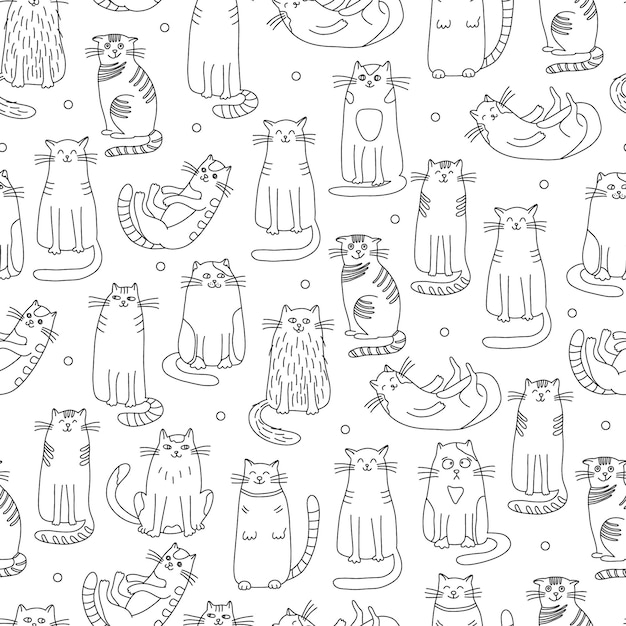 Patrón sin costuras con gatos en estilo garabato Ilustración vectorial dibujada a mano en blanco