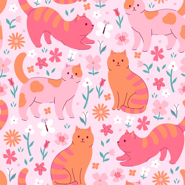 Patrón sin costuras con gatos y flores lindos Gráficos vectoriales