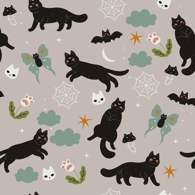 Vector patrón sin costuras con gatos de halloween negros gráficos vectoriales