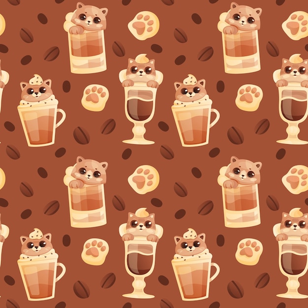 Patrón sin costuras con gatos lindos de dibujos animados en taza de café