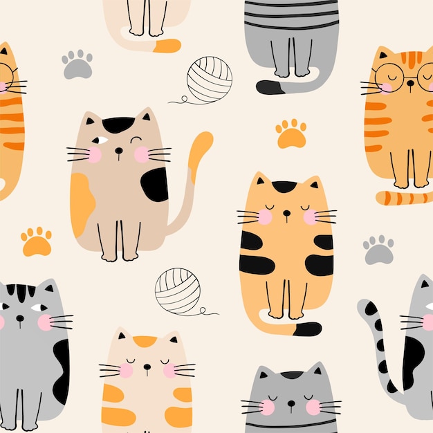 Patrón sin costuras con gatos lindos huella de juguete de gato para su tela niños ropa textil decoración de guardería regalo envoltura de papel bebés camisa ilustración vectorial