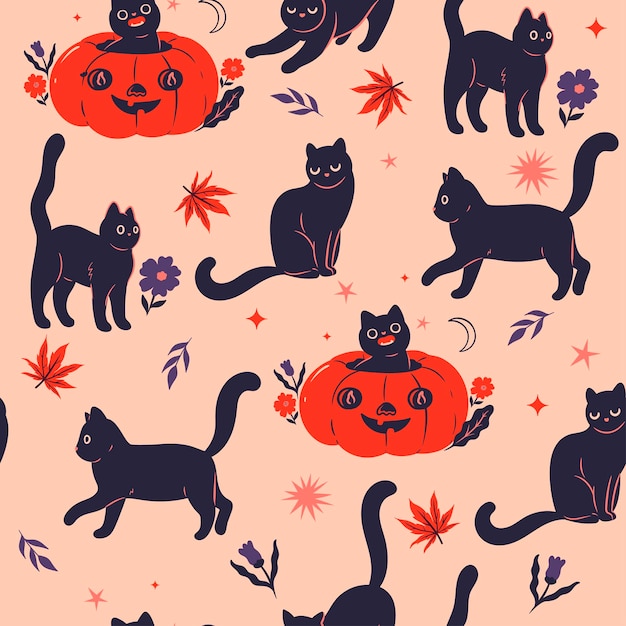 Patrón sin costuras con gatos negros de Halloween Gráficos vectoriales