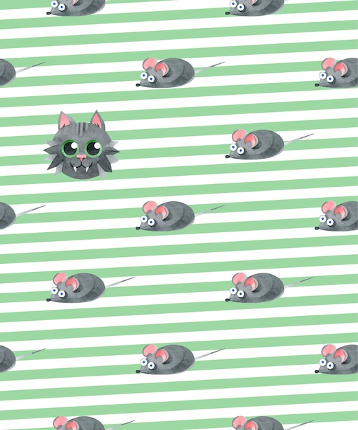 Patrón sin costuras con gatos y ratones divertidos Textura infantil escandinava creativa Ilustraciones de acuarela sobre un fondo rayado Para telas textiles sitios web papel tapiz estampados de embalaje