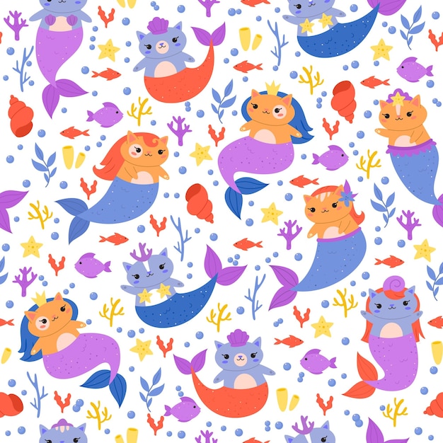 Patrón sin costuras con gatos sirena Pequeños gatitos divertidos con colas de pez bajo el agua personajes encantadores mágicos Decoración de papel de envoltura textil diseño de papel tapiz concepto vectorial de impresión infantil