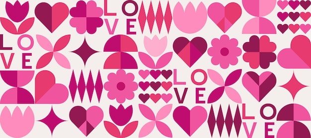 Patrón sin costuras geométrico del día de San Valentín con formas simples Fondo vectorial romántico abstracto