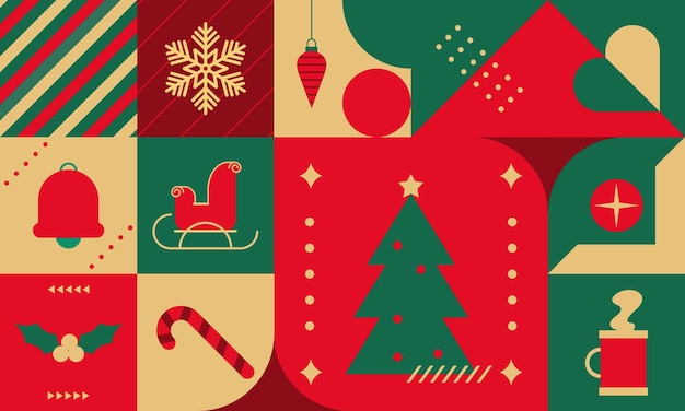 Patrón sin costuras geométrico de Navidad con íconos planos de Navidad Elementos para papel de embalaje