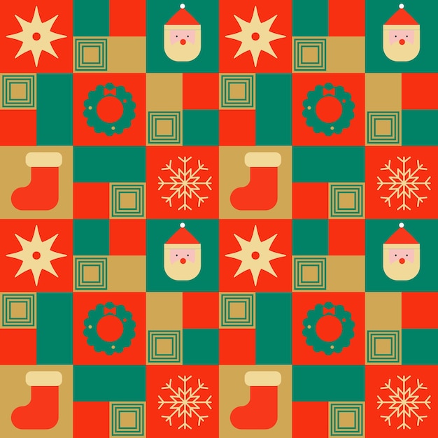 Patrón sin costuras geométrico navideño Bauhaus Estrella de la cabeza de Papá Noel corona de copo de nieve