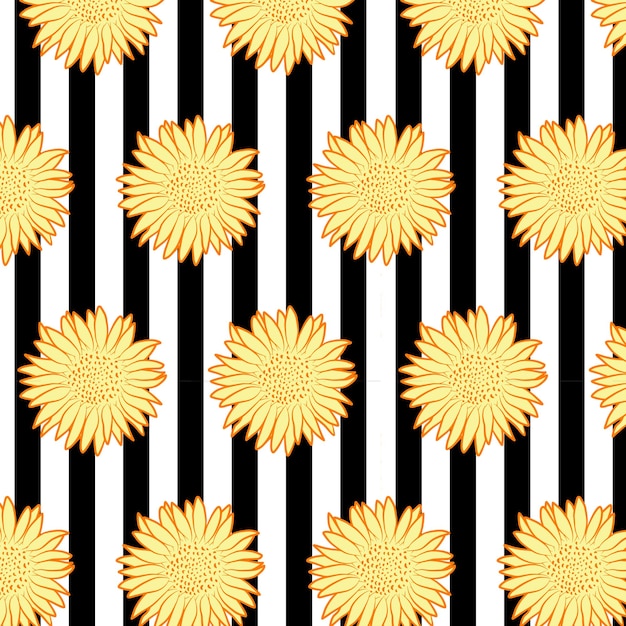Patrón sin costuras de girasol de estilo retro con rayas negras Plantilla de impresión de tela botánica floral abstracta Ilustración de diseño de vector de papel tapiz Textura de dibujo de contorno gráfico de verano