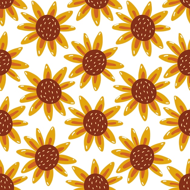 Patrón sin costuras con girasoles amarillos de dibujos animados en estilo retro Fondo floral Impresión vectorial