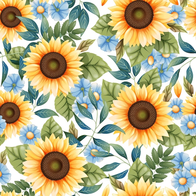 Patrón sin costuras con girasoles amarillos margaritas azules y hojas coloridas textura de otoño en azul y
