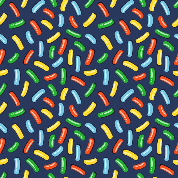 Patrón sin costuras con glaseado de donut oscuro con un montón de chispas decorativas brillantes. ilustración vectorial