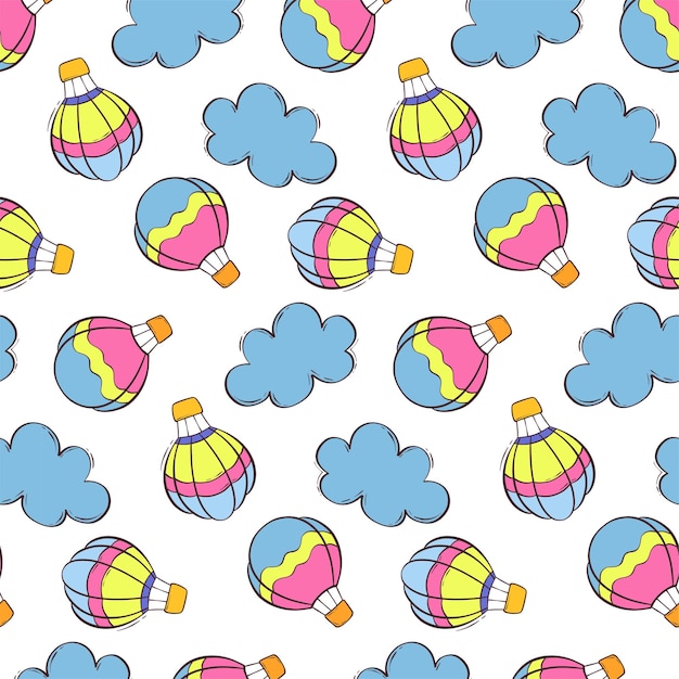 Patrón sin costuras con globos para vuelo y nubes globo aerostático multicolor en estilo plano
