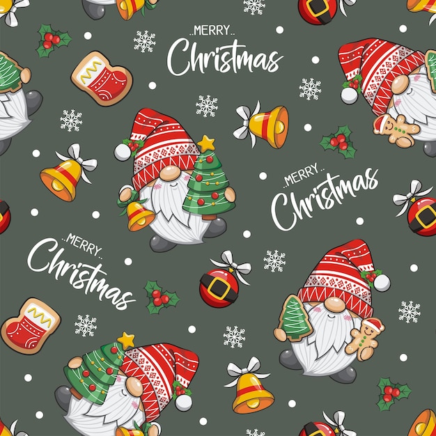 Patrón sin costuras Gnome Santa Claus en fondo verde oscuro Ilustración de dibujos animados muy bonita