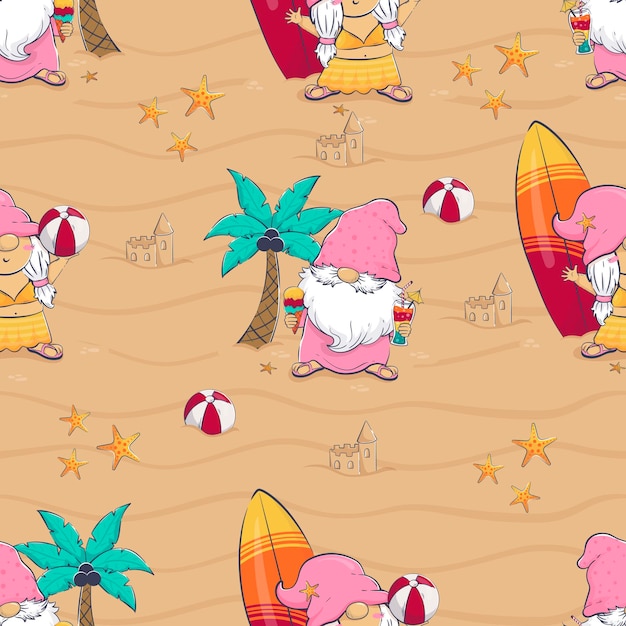 Patrón sin costuras con gnomo de dibujos animados jugando a la pelota bebiendo cócteles y comiendo helado en la playa entre palmeras y tablas de surf