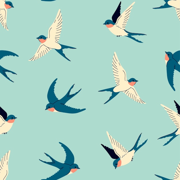 Patrón sin costuras con golondrinas voladoras en un fondo azul Gráficos vectoriales
