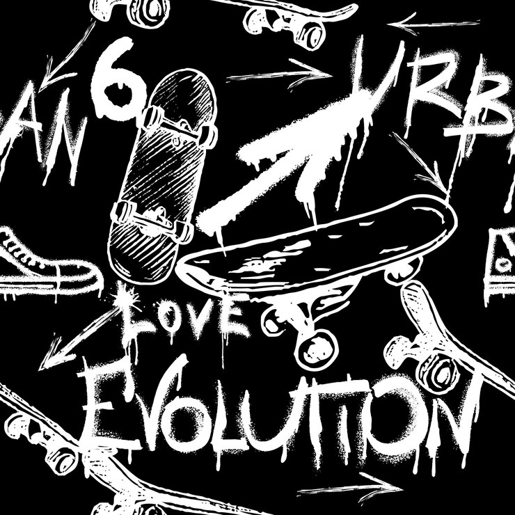 Vector patrón sin costuras con graffiti de carbón punk y patinetas y texto iconos dibujados con lápiz
