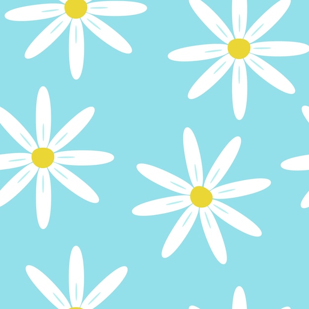Vector patrón sin costuras con grandes flores de verano manzanillas sobre un fondo azul