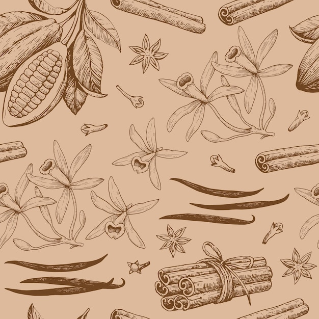 Patrón sin costuras con granos de cacao canela y vainilla Ilustración vectorial monocromática dibujada a mano
