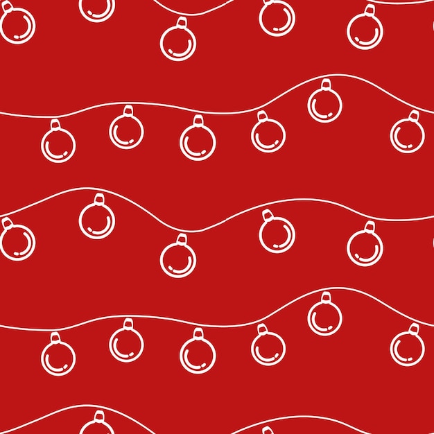 Patrón sin costuras de guirnaldas navideñas de bombillas de fondo rojo y guirnaldas blancas con bombillas redondas Ilustración de contorno vectorial para el diseño de pancartas de telas de embalaje de Año Nuevo