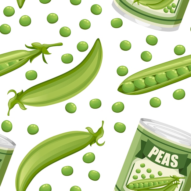 Patrón sin costuras. guisantes en lata de aluminio con vaina. alimentos enlatados con logo de guisantes. producto para supermercado y tienda. ilustración sobre fondo blanco.