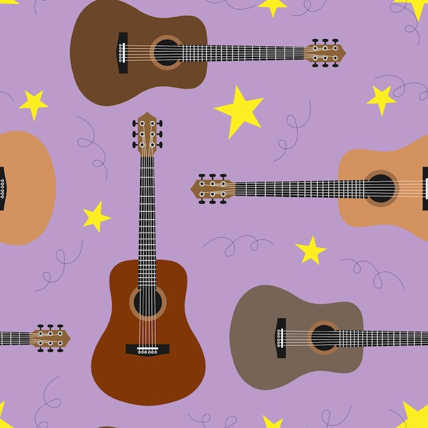Patrón sin costuras con guitarras acústicas y estrellas Fondo musical con guitartas