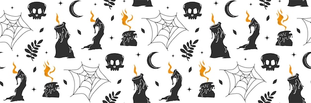 Patrón sin costuras de Halloween Artículos mágicos de bruja Patrón para impresión de fondo en papel tapiz de papel o tela Vector ilustración plana Fondo de Halloween