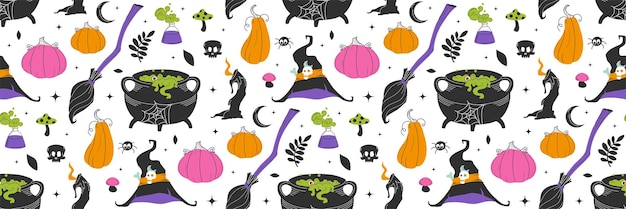 Patrón sin costuras de Halloween Artículos mágicos de bruja Patrón para impresión de fondo en papel tapiz de papel o tela Vector ilustración plana Fondo de Halloween