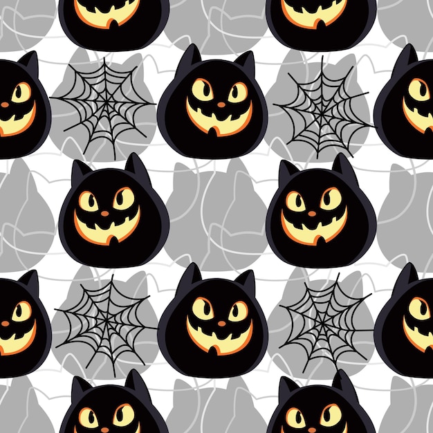 El patrón sin costuras de Halloween con cabezas negras y siniestras parecidas a calabazas, telas de araña y siluetas grises.