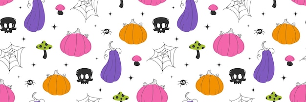 Patrón sin costuras de Halloween Calabazas de colores telaraña cráneo Vector ilustración plana Patrón para impresión de fondo en papel de regalo papel tapiz o tela Fondo de Halloween