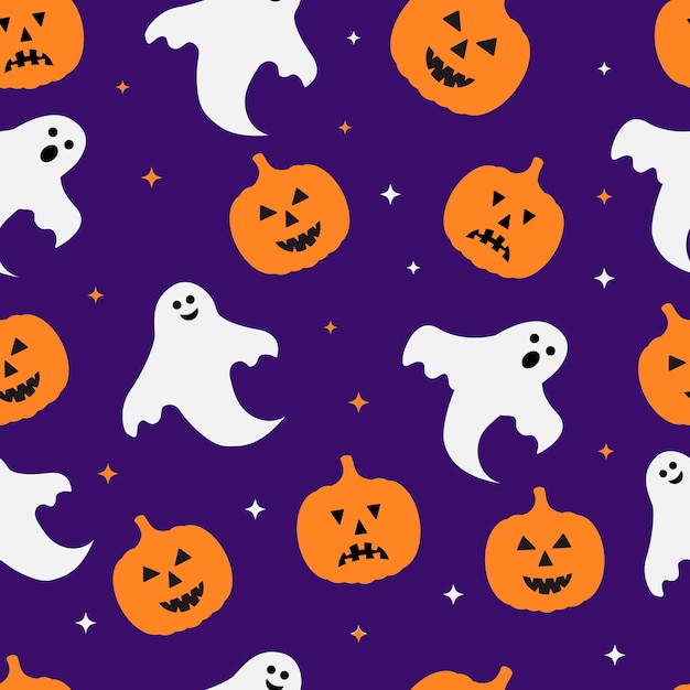 Patrón sin costuras de Halloween con calabazas de dibujos animados lindo y fantasmas sobre fondo púrpura Plantilla de vector para tarjeta de felicitación banner cartel fiesta invitación tela textil papel de regalo, etc.