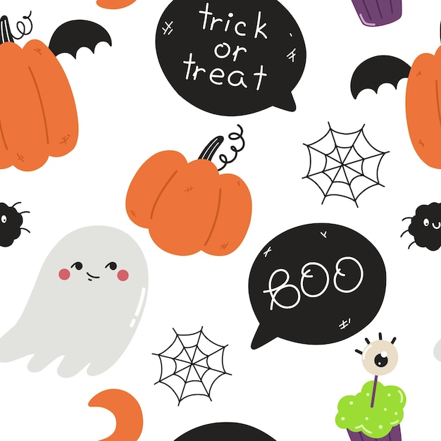 Patrón sin costuras de Halloween con calabazas, fantasmas y burbujas de habla. patrón de vectores