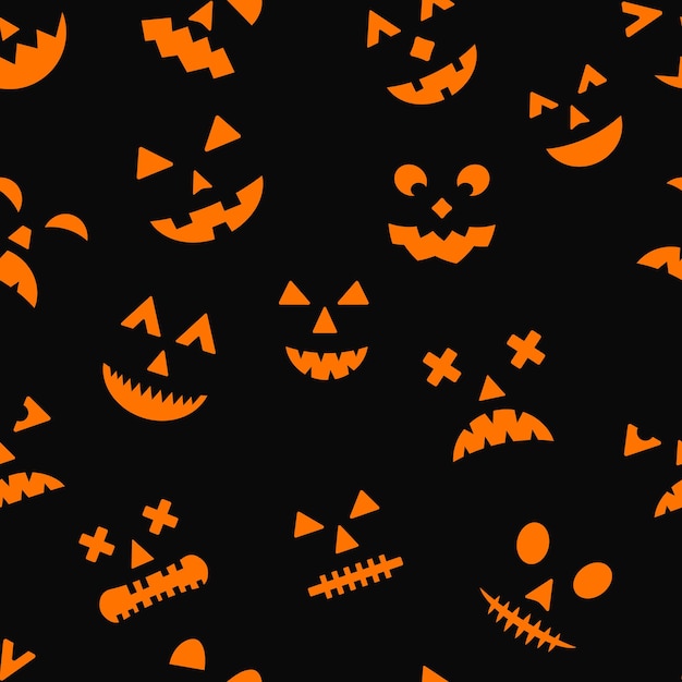 Patrón sin costuras de Halloween con caras de calabaza aterradoras sobre fondo negro Plantilla vectorial fácil de editar para tarjeta de felicitación, pancarta, póster, invitación de fiesta, papel de regalo, tela, textil, etc.