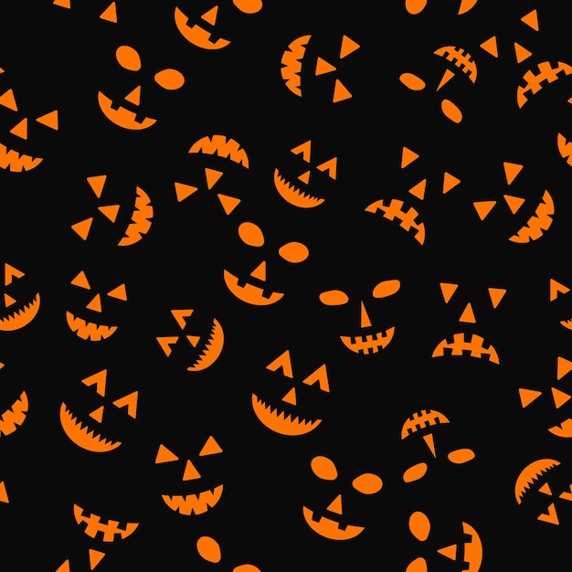 Patrón sin costuras de Halloween con caras de calabaza aterradoras sobre fondo negro Plantilla vectorial fácil de editar para tarjeta de felicitación, pancarta, póster, invitación de fiesta, tela, textil, papel de regalo, etc.