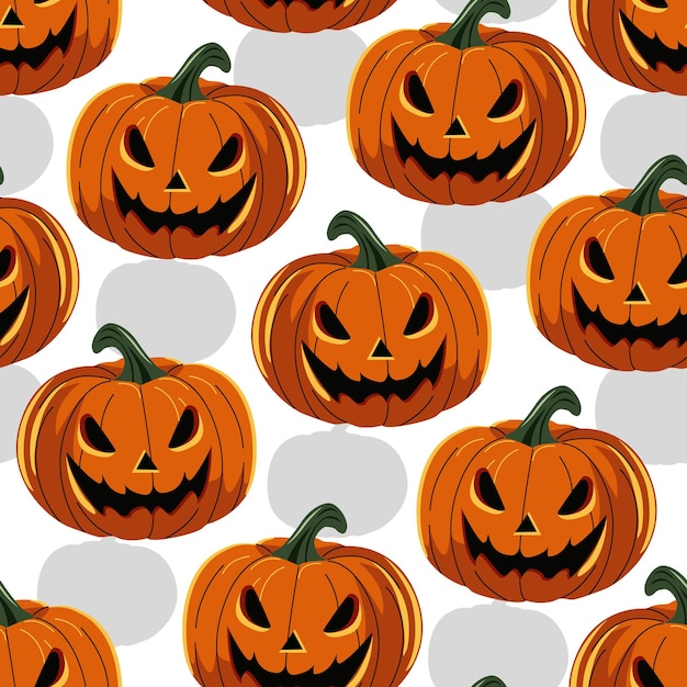 Patrón sin costuras de Halloween con espeluznantes calabazas naranjas en diseño vectorial de fondo blanco con espelozante