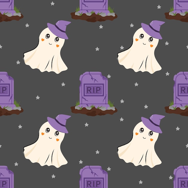 Patrón sin costuras de Halloween con fantasma y tumba RIP Fondo vectorial para textiles de diseño