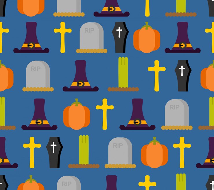 Patrón sin costuras de halloween Fondo para unas vacaciones terribles. sombrero de bruja y lápida sepulcral.