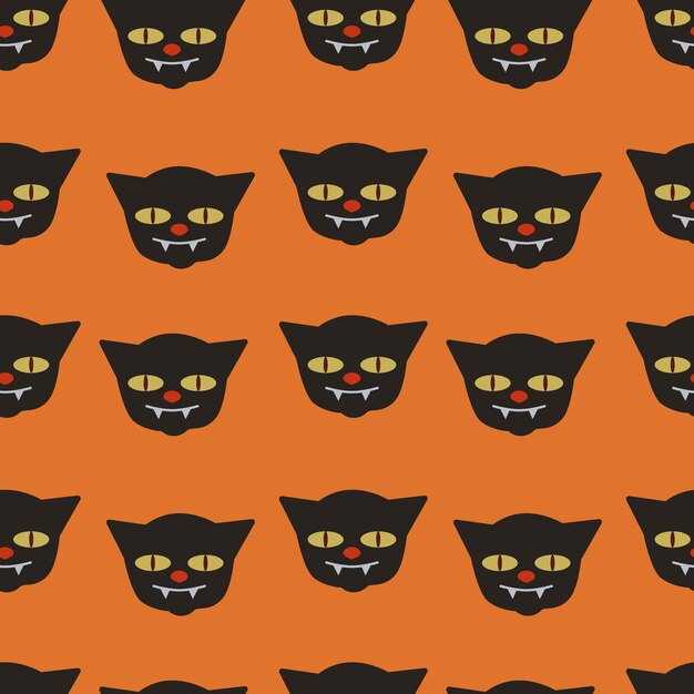 Patrón sin costuras de Halloween Gato negro sobre un fondo naranja Ilustración vectorial