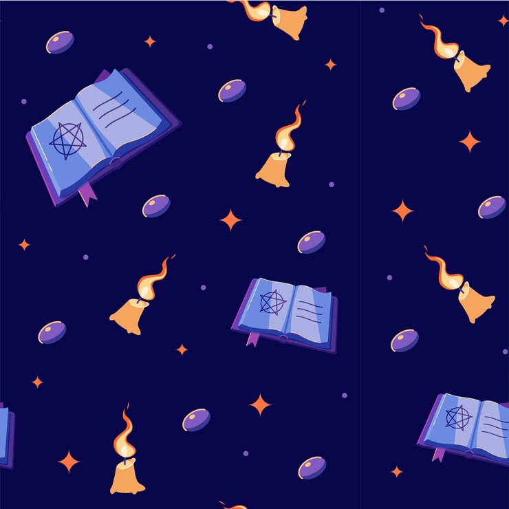 Vector patrón sin costuras de halloween con libros velas y gemas libro de brujas con velas patrón sin costuras