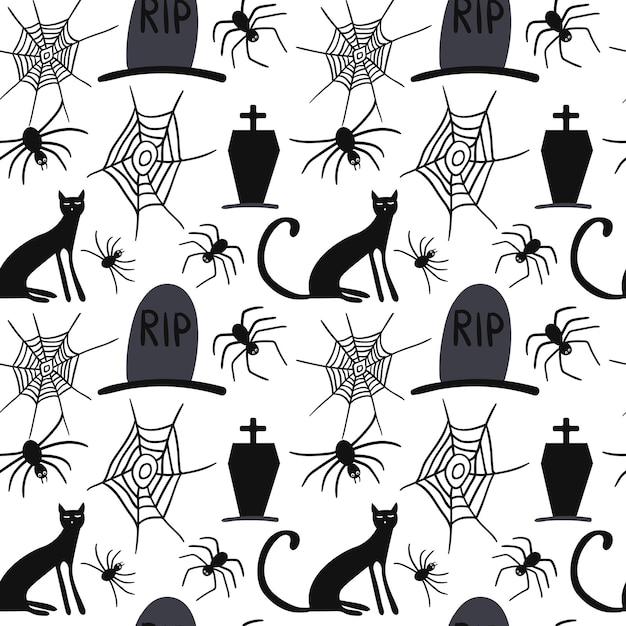 Patrón sin costuras de Halloween de miedo Vector gato negro tumba araña telaraña aislada sobre fondo blanco Diseño para decoración de Halloween papel de regalo textil fondos de pantalla pegatinas tarjetas de felicitación