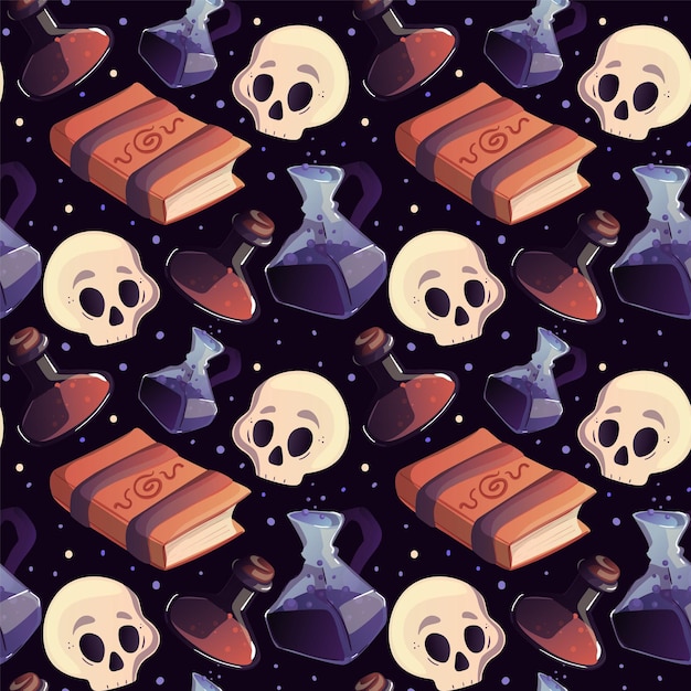 El patrón sin costuras de Halloween las pociones mágicas las velas los cráneos mágicos el papel tapiz espeluznante negro