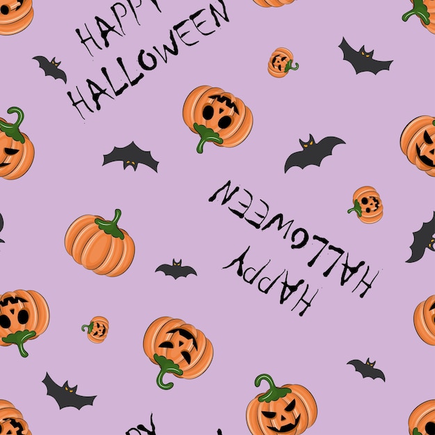 patrón sin costuras de halloween sobre fondo lila con calabazas y murciélagos
