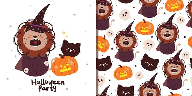 Patrón sin costuras de Halloween y tarjeta con león de calabaza de dibujos animados y elemento de halloween