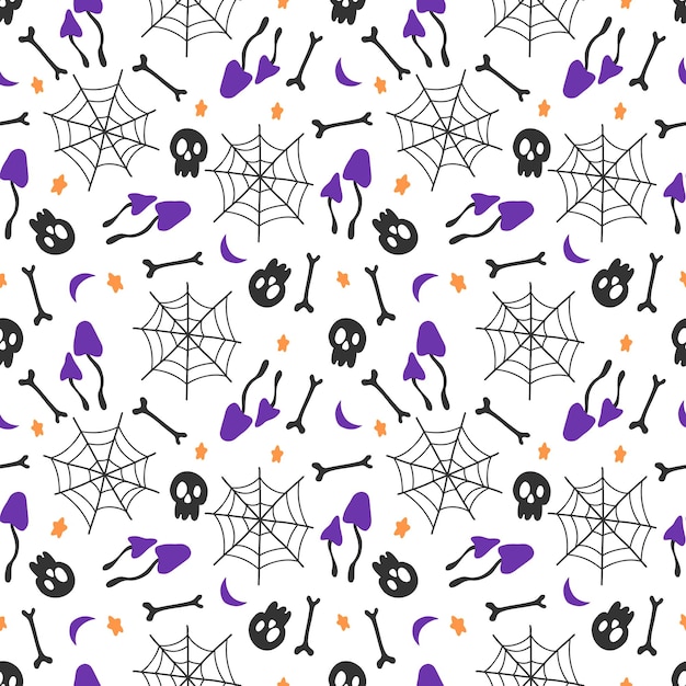 Patrón sin costuras de Halloween con tela de araña, hueso de cráneo, hongo de luna y estrella