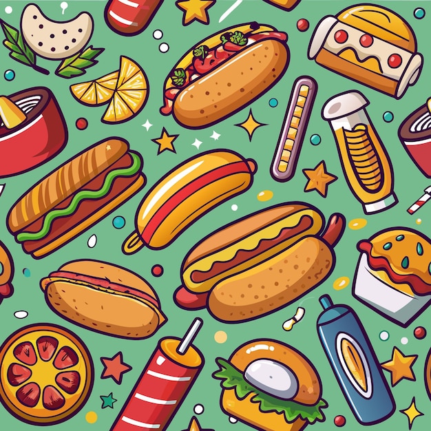Patrón sin costuras con hamburguesas y bebidas de perritos calientes de dibujos animados en un fondo verde