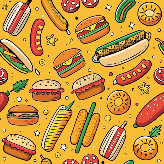 Patrón sin costuras con hamburguesas dibujadas a mano, salchichas fritas y piña sobre fondo amarillo