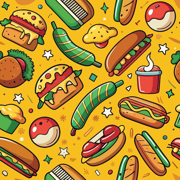 Patrón sin costuras con hamburguesas de perritos calientes y toppings en un fondo amarillo
