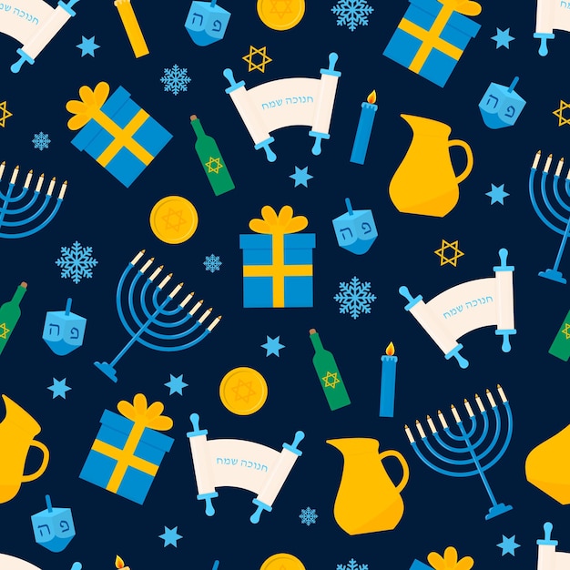 Patrón sin costuras de Hanukkah con símbolos judíos tradicionales dreidel Menorah vela tarro estrella de david, etc. Plantilla de fondo vectorial judío para tarjeta de felicitación, tela, textil, álbumes de recortes, etc.
