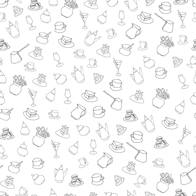 Patrón sin costuras hecho de objetos de café dibujos en blanco y negro con contornos